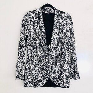 Karen Kane Top M Floral Print Drape Long Sleeve Black White Office Work Career